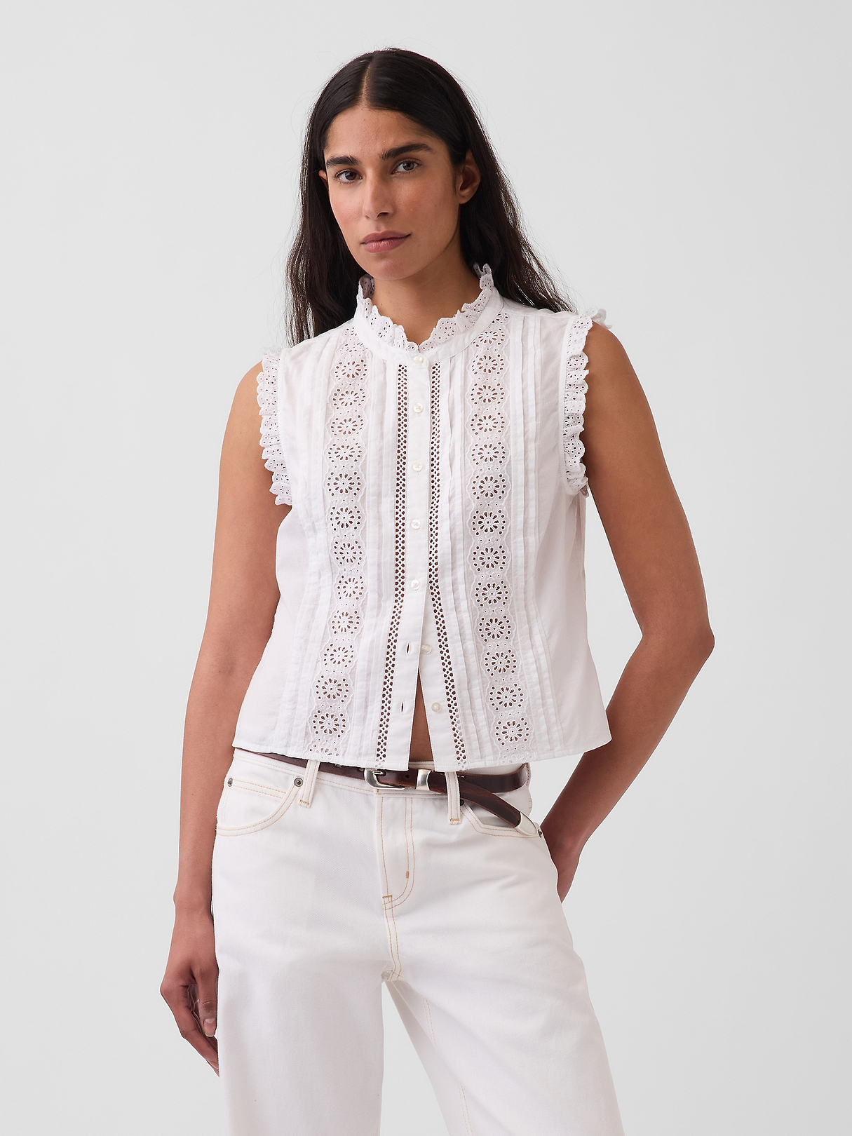 Lace-Trim Pintuck Button-Front Top | Gap