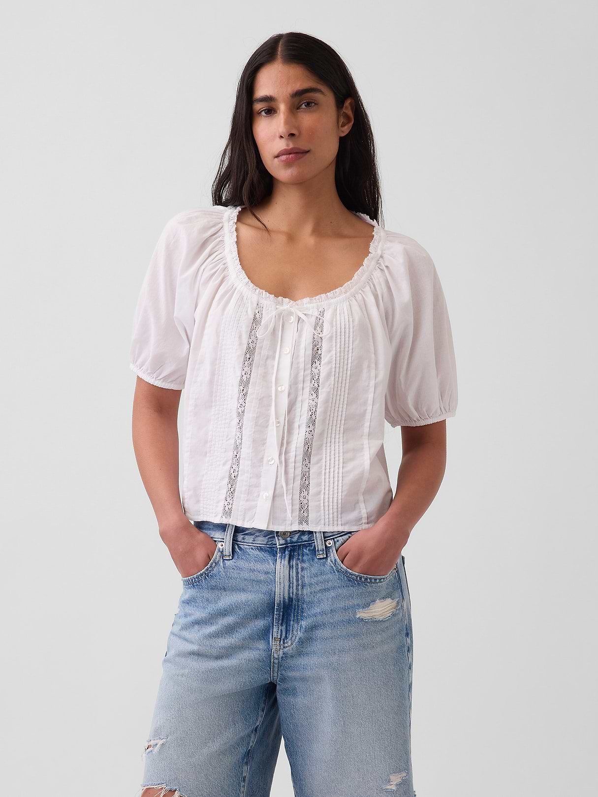 Elbow-Sleeve Crop Pintuck Top | Gap