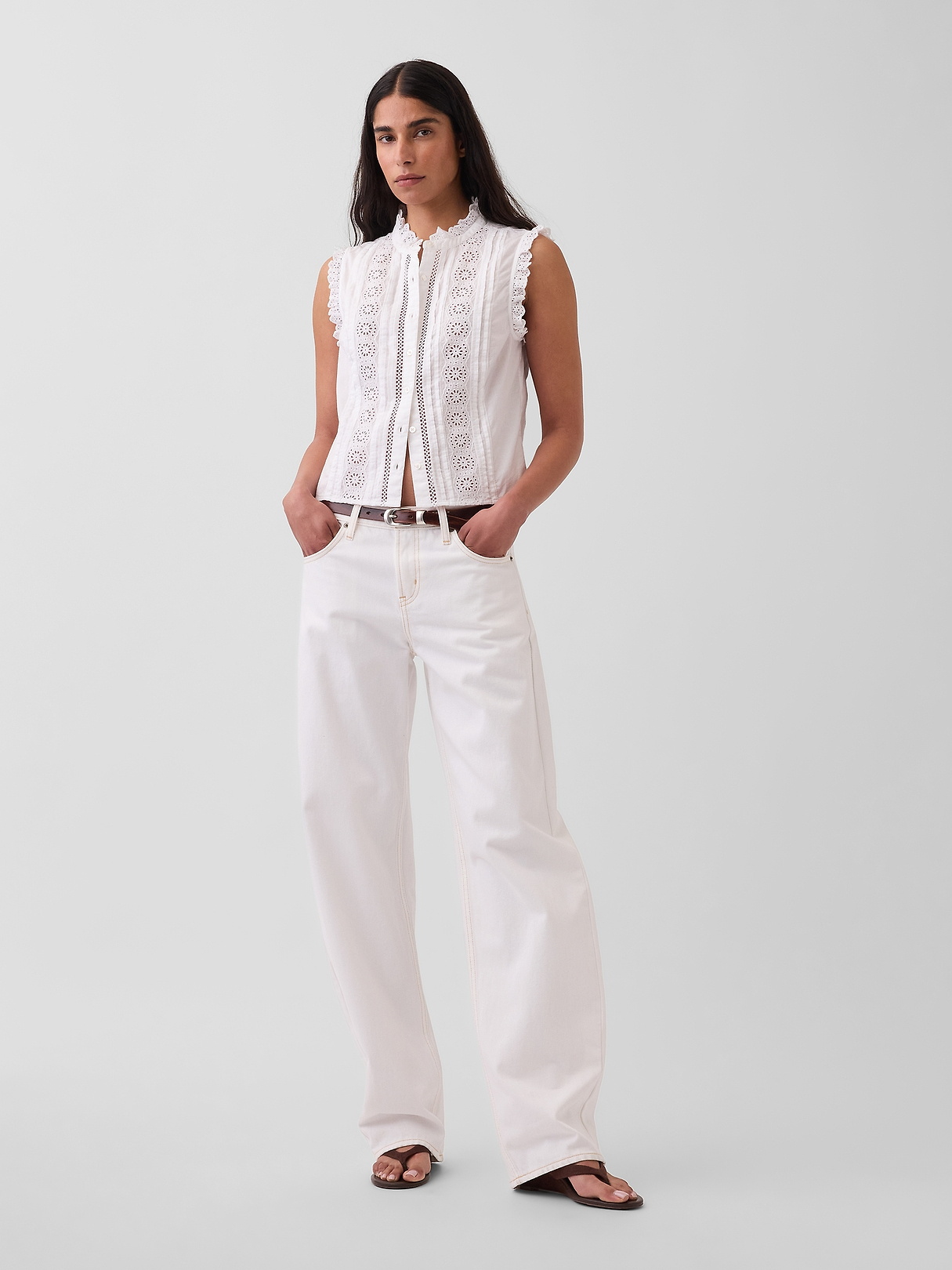 Lace-Trim Pintuck Button-Front Top | Gap