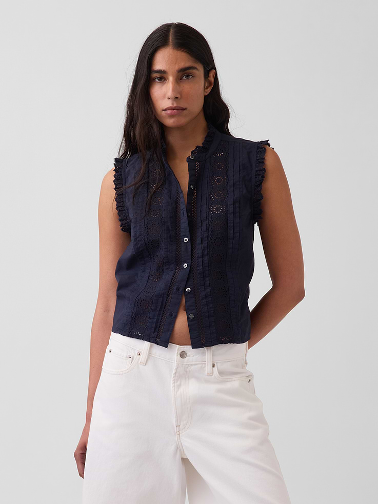 Image number 1 showing, Lace-Trim Pintuck Button-Front Top