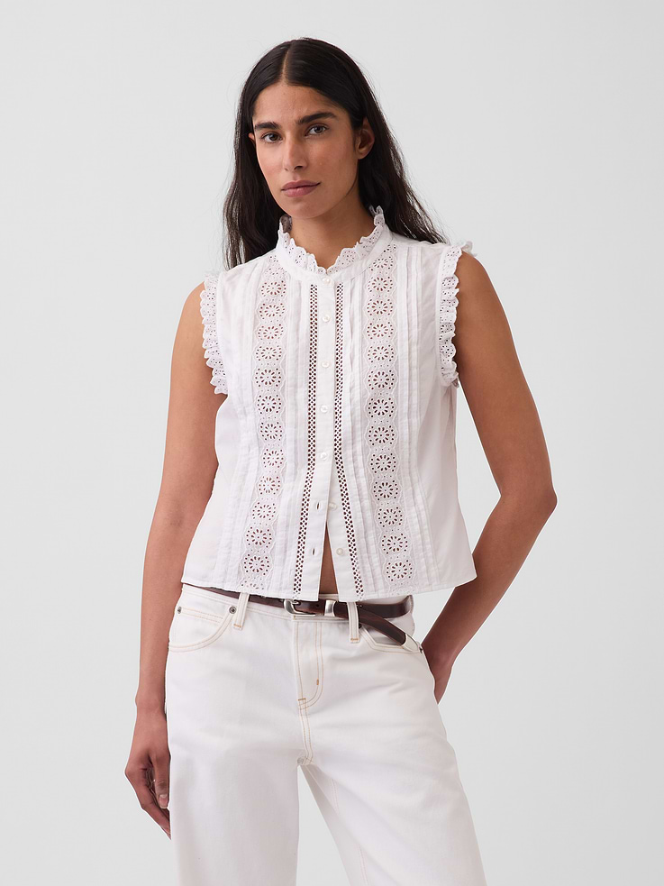 Image number 1 showing, Lace-Trim Pintuck Button-Front Top