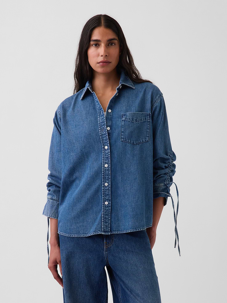 Image number 1 showing, UltraSoft Denim Oversized Ruched-Sleeve Shirt