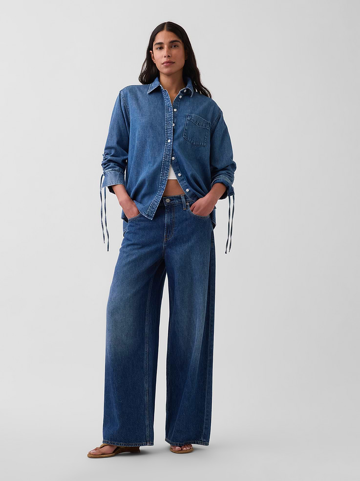 Image number 2 showing, UltraSoft Denim Oversized Ruched-Sleeve Shirt