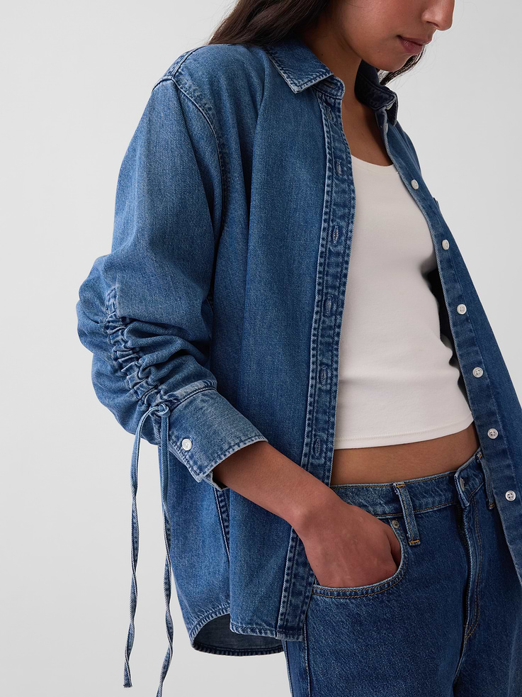 Image number 4 showing, UltraSoft Denim Oversized Ruched-Sleeve Shirt