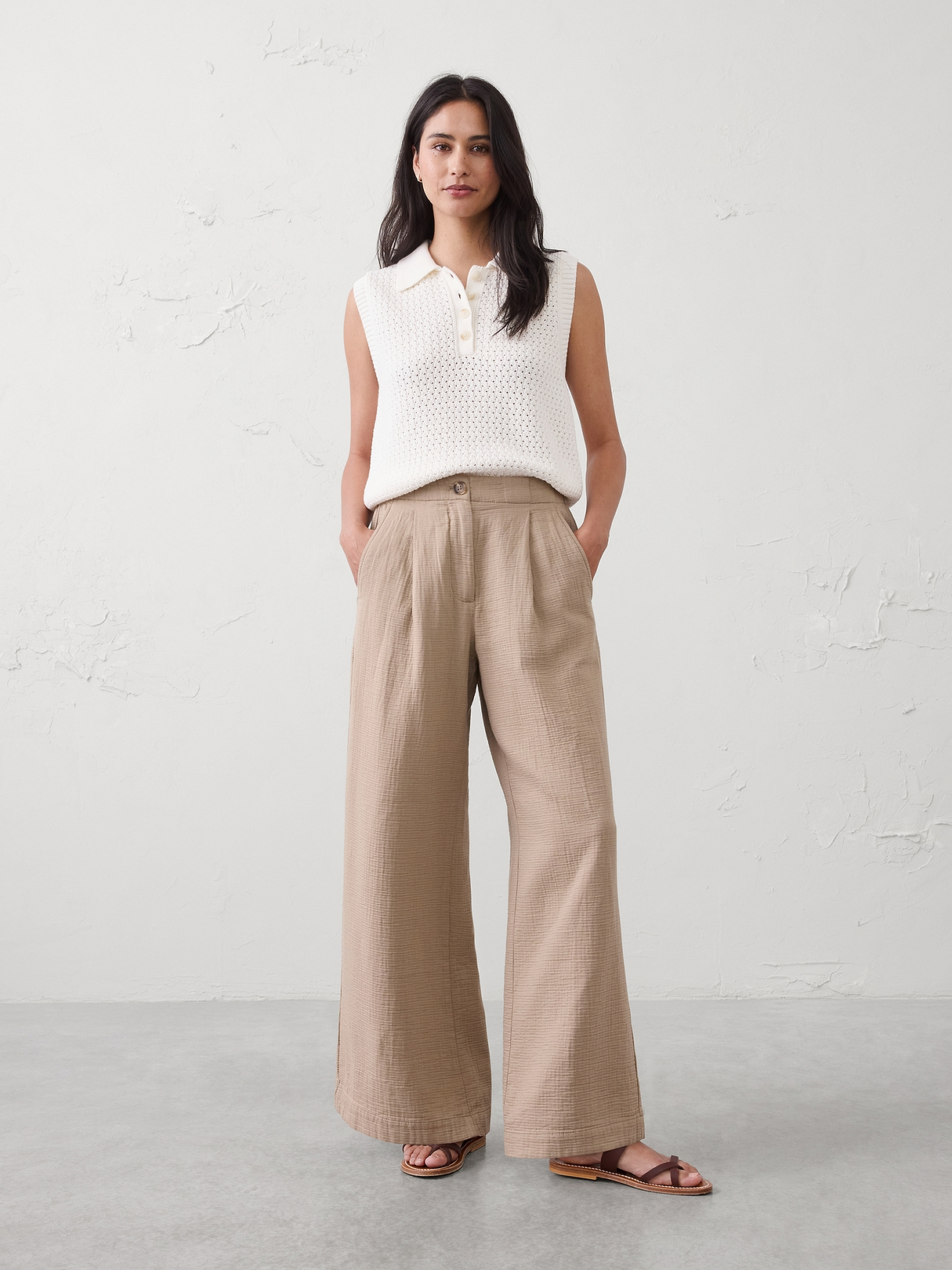 Anyday Wide-Leg High-Rise Gauze Pleated Trouser | Banana Republic