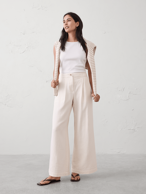 Anyday Wide-Leg High-Rise Gauze Pleated Trouser