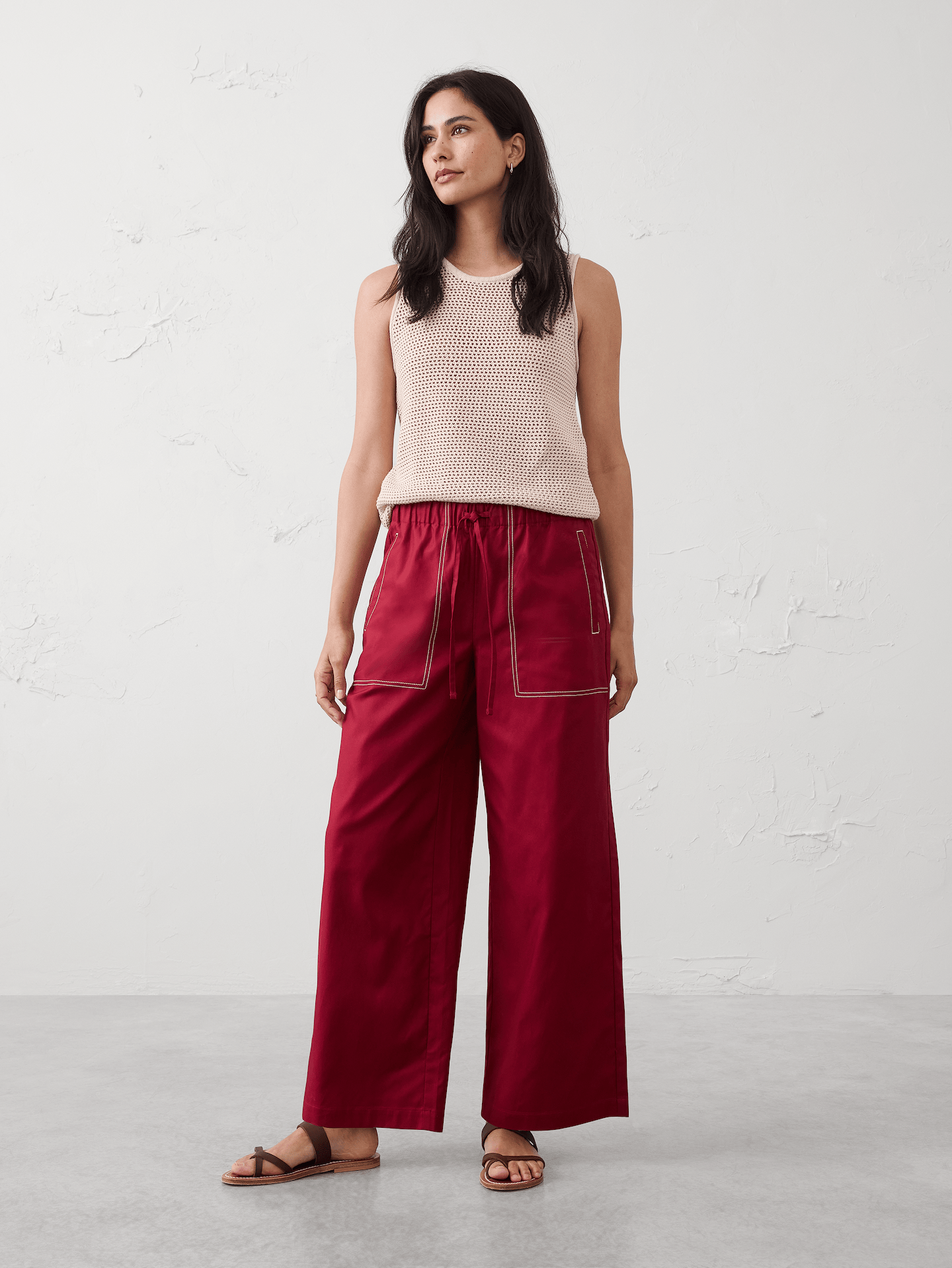 Image number 1 showing, Wide-Leg Mid-Rise Twill Pull-On Utility Pant