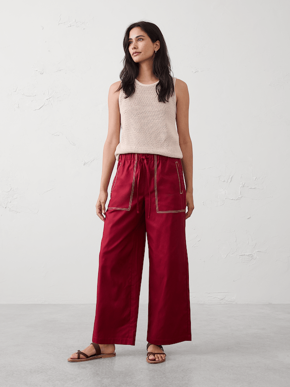 Wide-Leg Mid-Rise Twill Pull-On Utility Pant