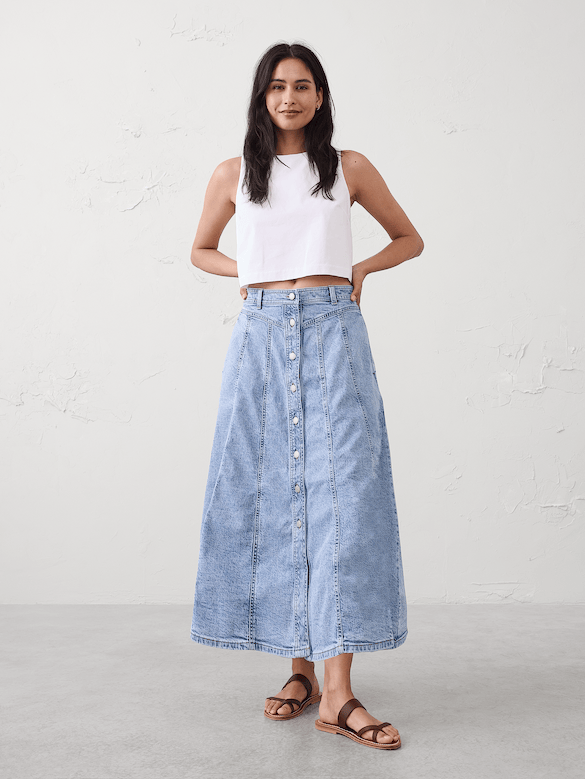 Denim Seamed Midi Skirt