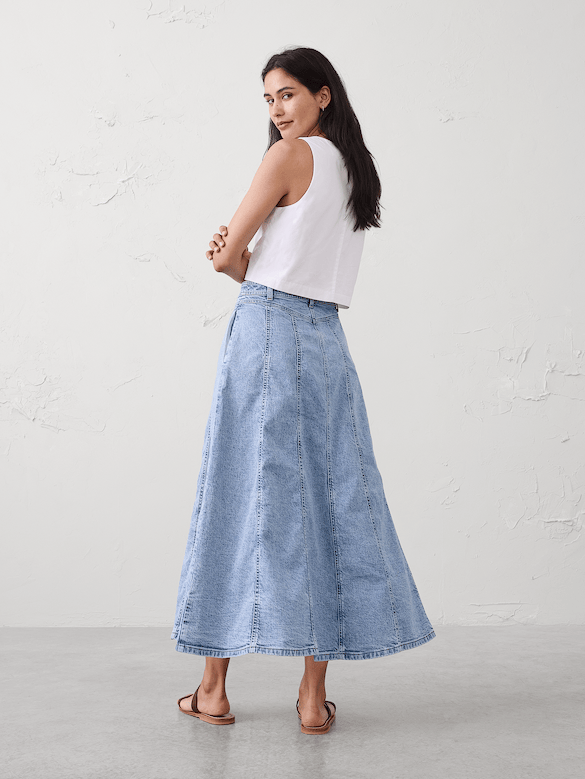 Denim Seamed Midi Skirt