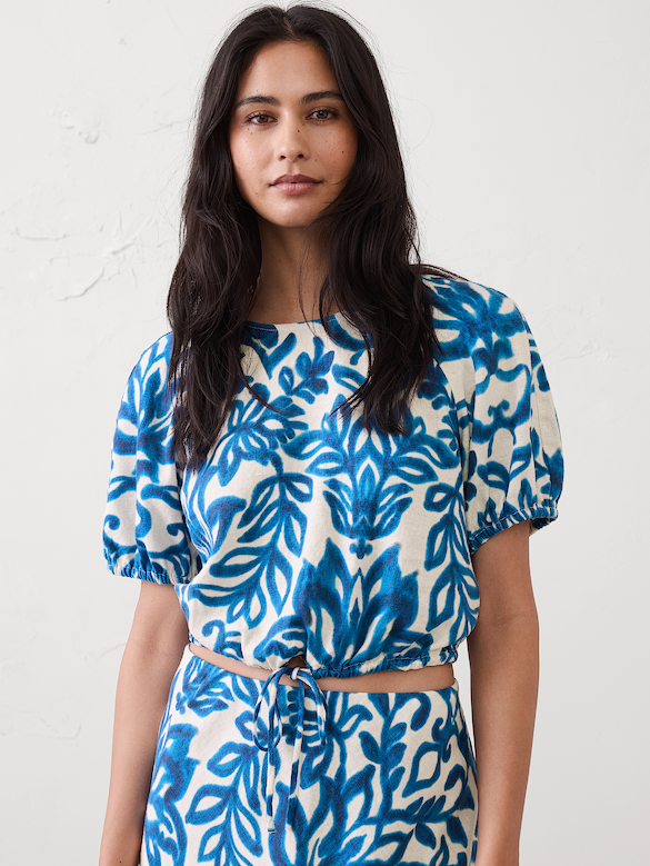 Linen-Blend Bubble-Tie Top