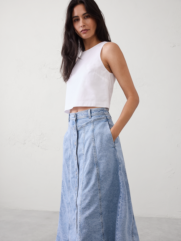 Denim Seamed Midi Skirt