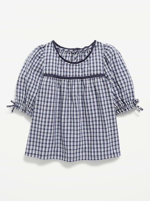 Short Short-Sleeve Plaid Eyelet-Trim Top for Toddler Girls under $10 clearance
