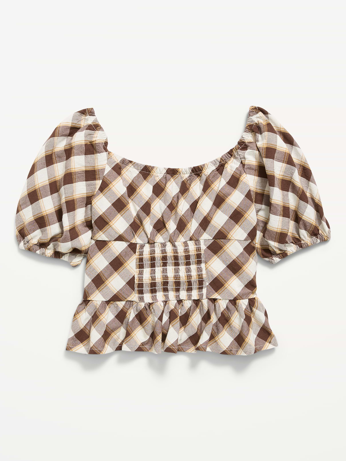 Image number 3 showing, Fitted Short Puff-Sleeve Crinkled Plaid Top for Girls