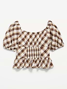 Image number 3 showing, Fitted Short Puff-Sleeve Crinkled Plaid Top for Girls