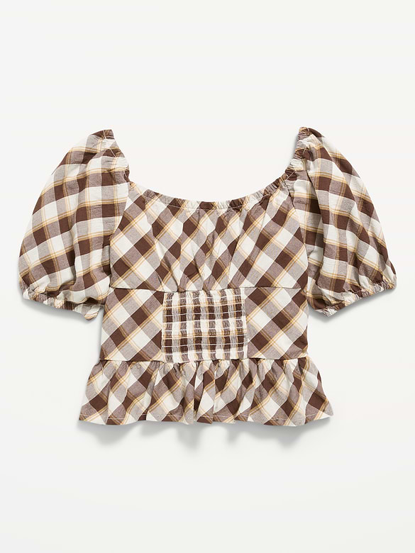 Fitted Short Puff-Sleeve Crinkled Plaid Top for Girls