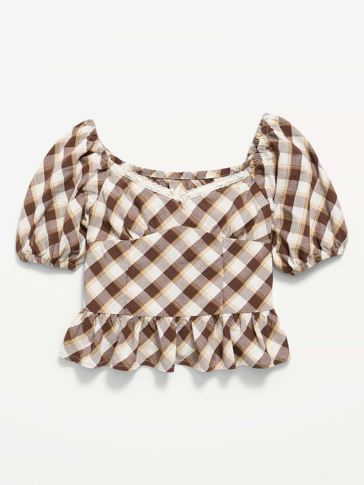 Image number 2 showing, Fitted Short Puff-Sleeve Crinkled Plaid Top for Girls
