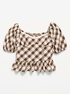 Image number 2 showing, Fitted Short Puff-Sleeve Crinkled Plaid Top for Girls