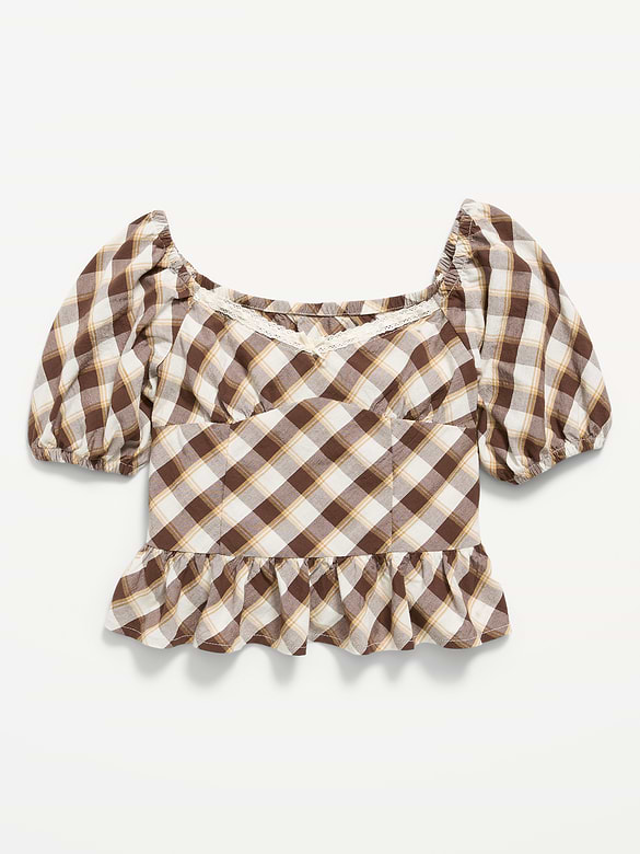 Fitted Short Puff-Sleeve Crinkled Plaid Top for Girls