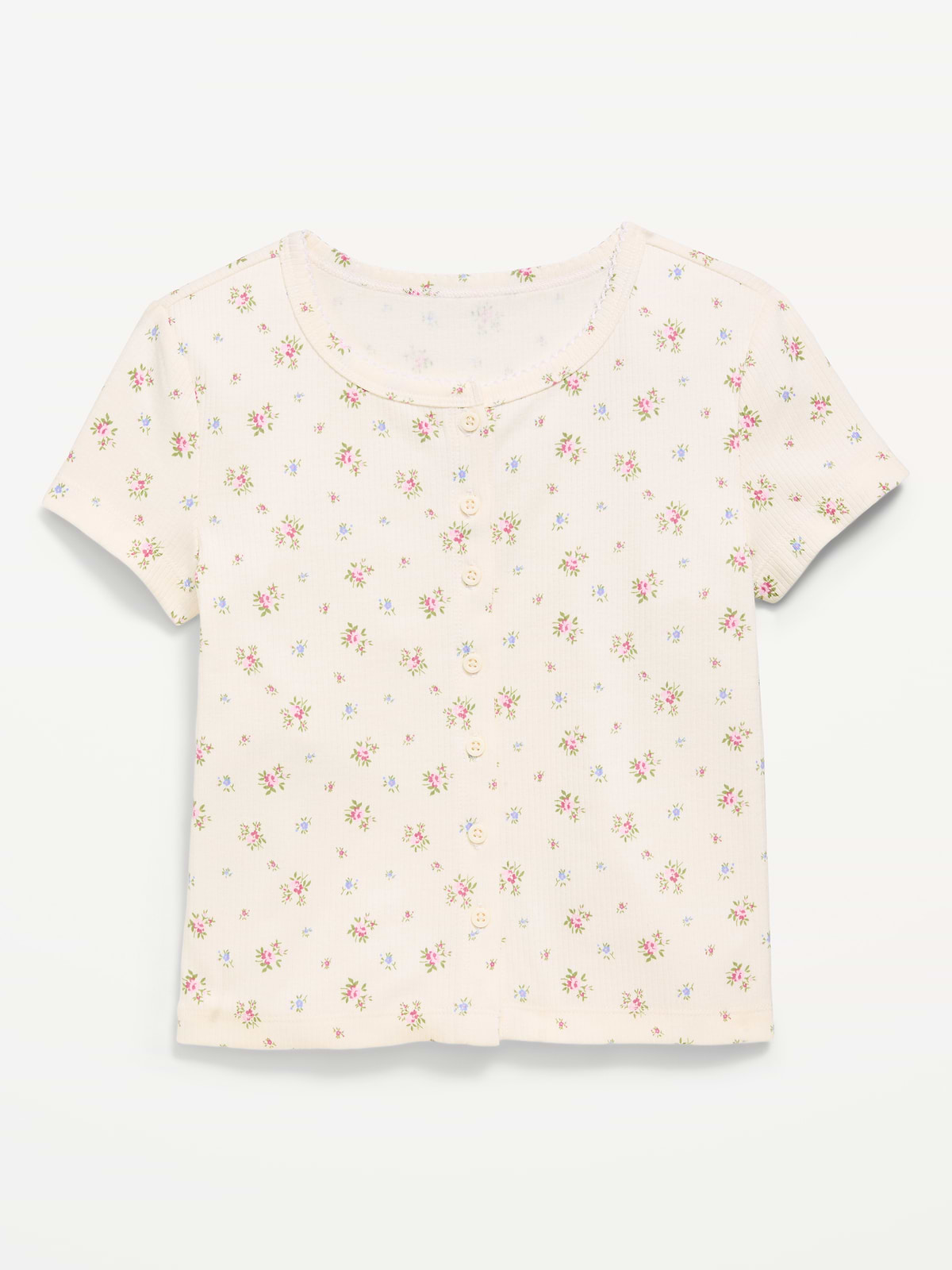 Fitted Short-Sleeve Ribbed Button-Front Top for Girls