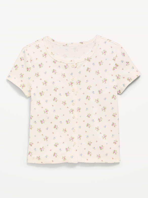 Fitted Short-Sleeve Ribbed Button-Front Top for Girls