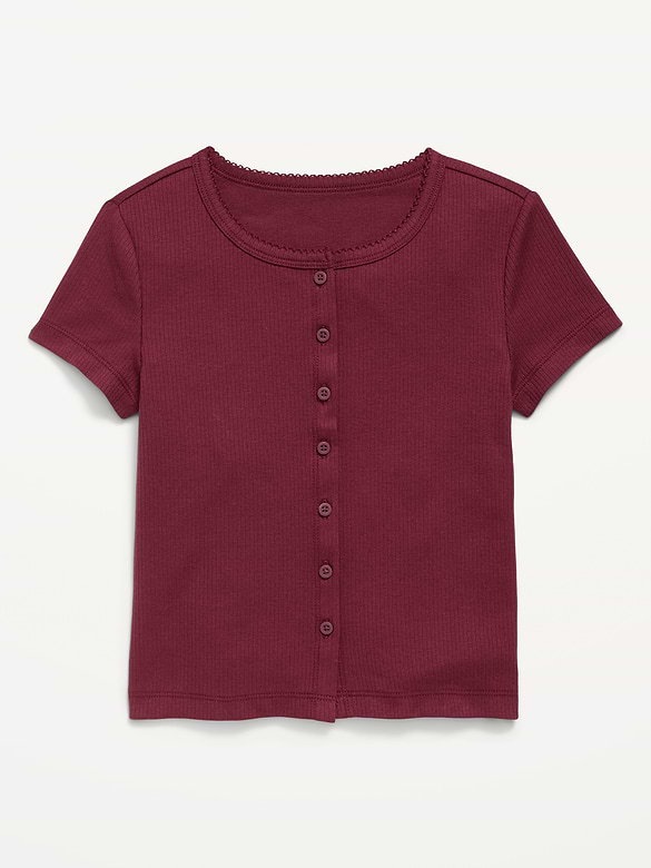 Fitted Short-Sleeve Ribbed Button-Front Top for Girls