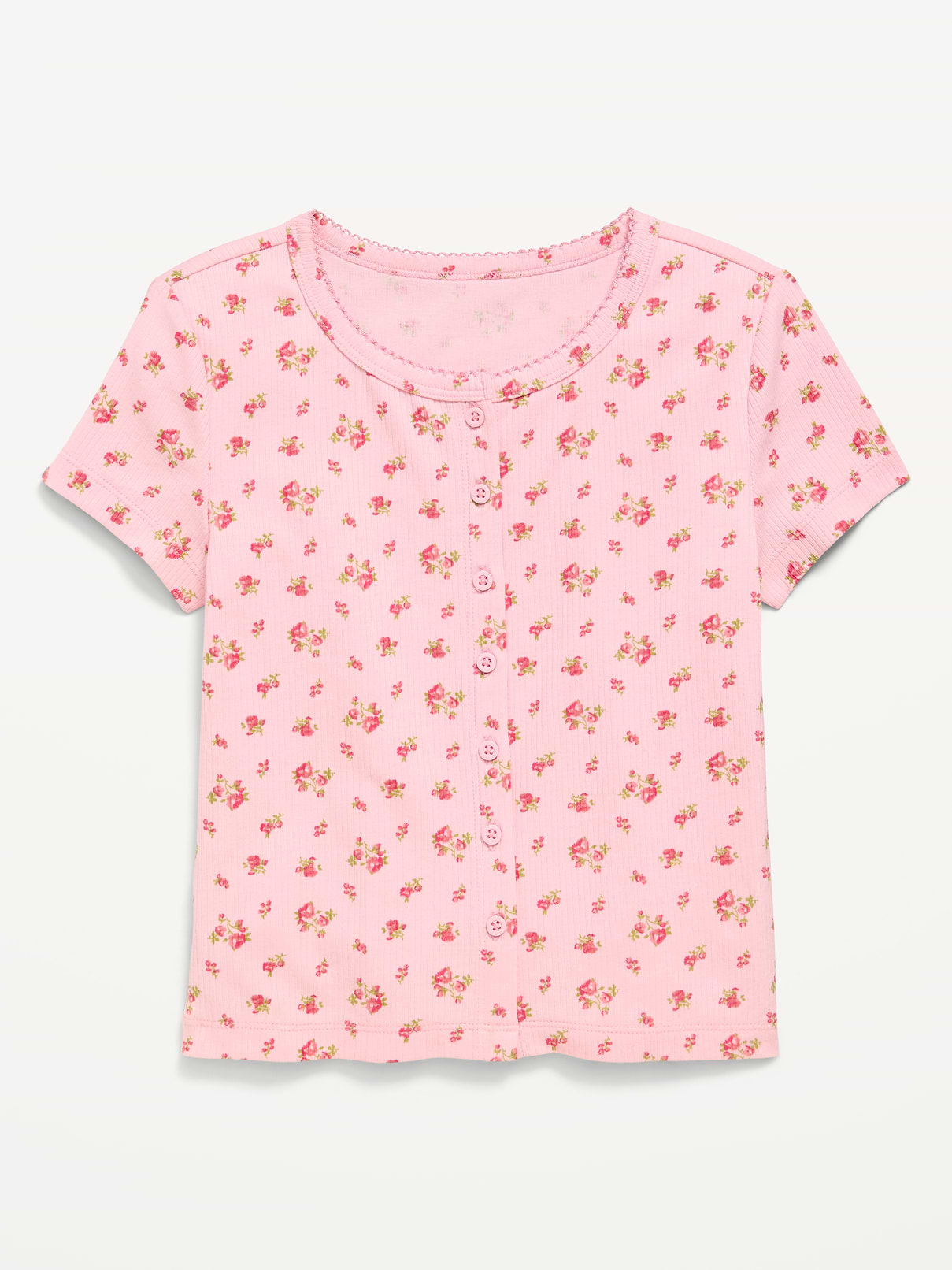 Image number 1 showing, Fitted Short-Sleeve Ribbed Button-Front Top for Girls