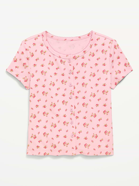 Fitted Short-Sleeve Ribbed Button-Front Top for Girls