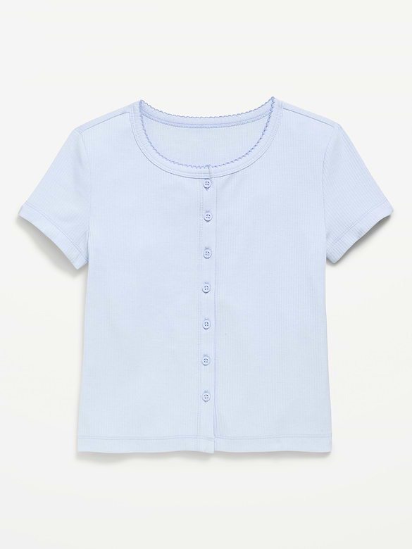 Fitted Short-Sleeve Ribbed Button-Front Top for Girls