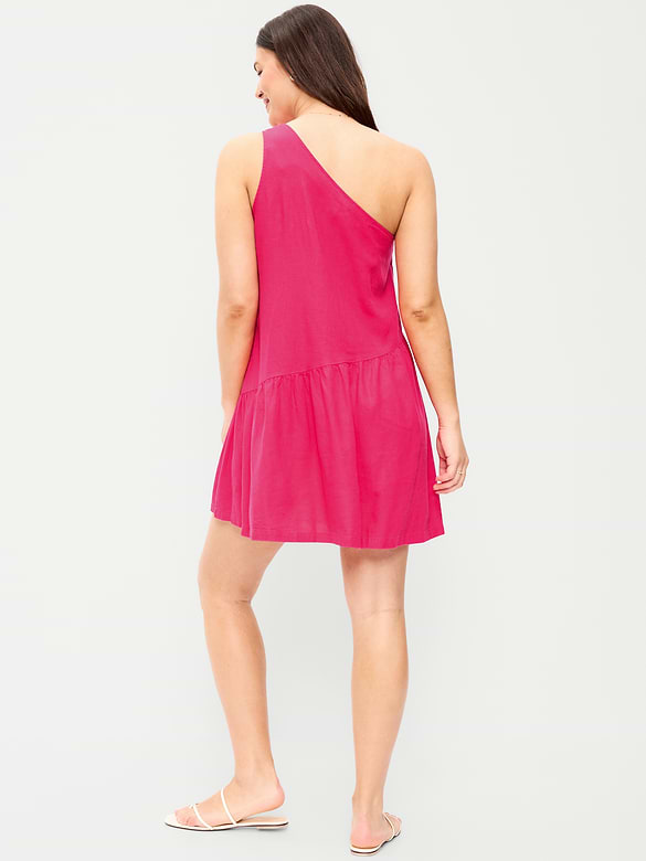 One-Shoulder Asymmetrical Linen-Blend Mini Dress