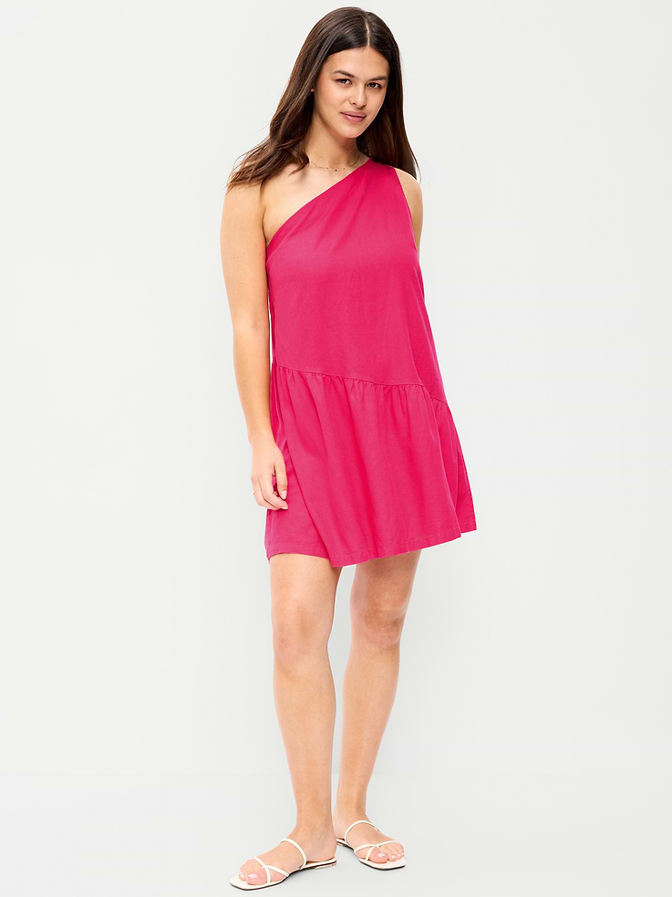 Image number 6 showing, One-Shoulder Asymmetrical Linen-Blend Mini Dress