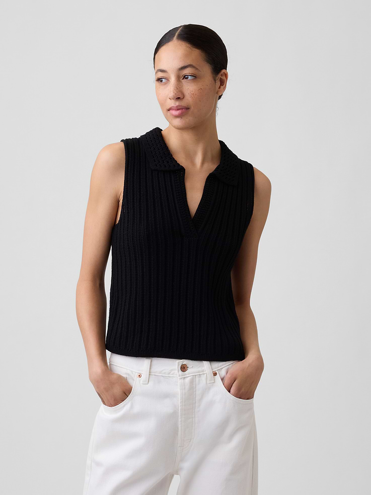 Image number 1 showing, Sleeveless Crochet Collared Top