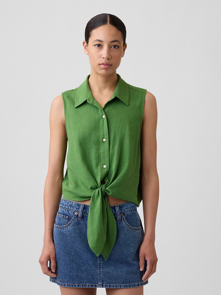 Image number 1 showing, Relaxed Sleeveless Tie-Front Shirt