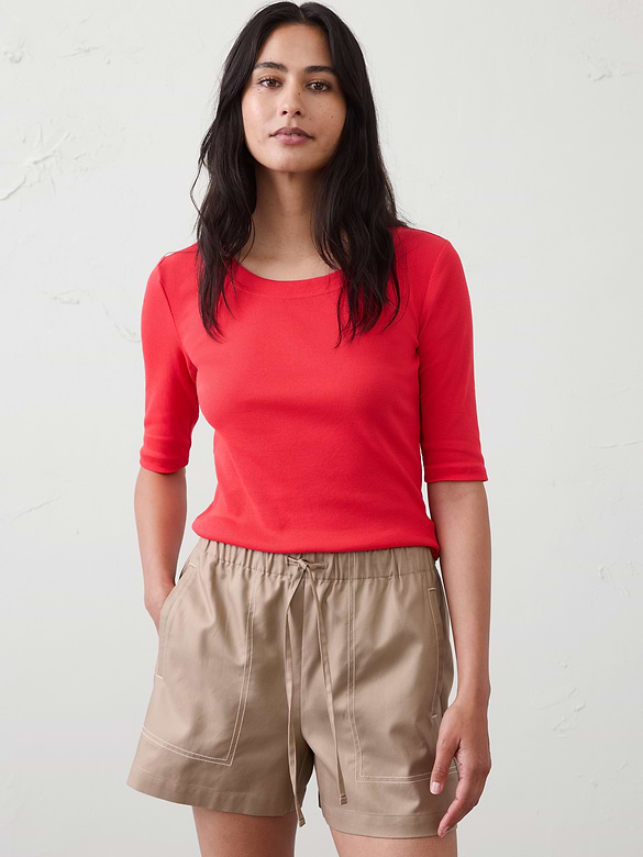 Ribbed Elbow-Sleeve T-Shirt