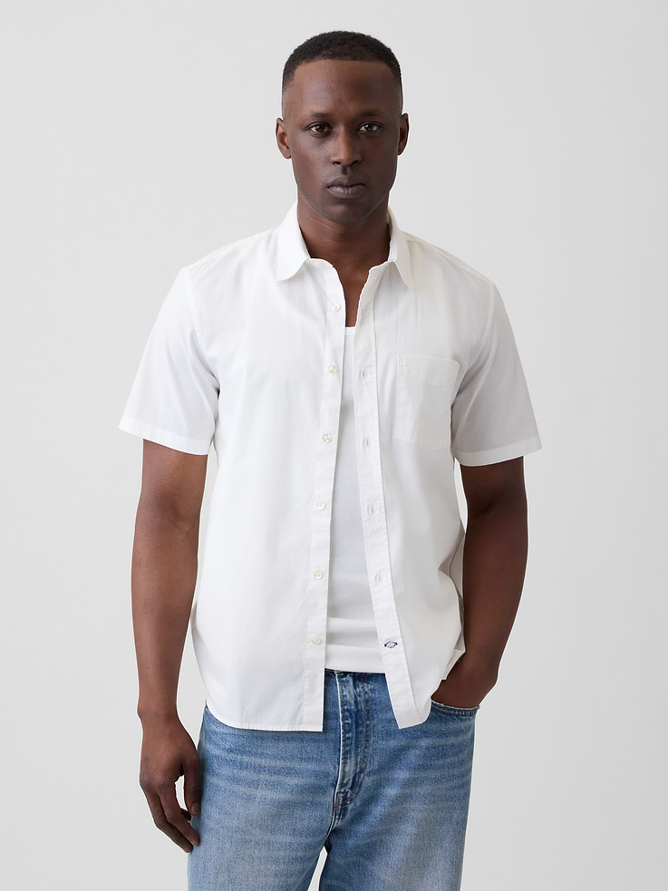 Image 1 of 4, Stretch poplin weave., Short sleeves., Spread collar, button front., Patch pocket at chest., Curved shirttail hem., Select styles have allover print or stripes., Product #1172699