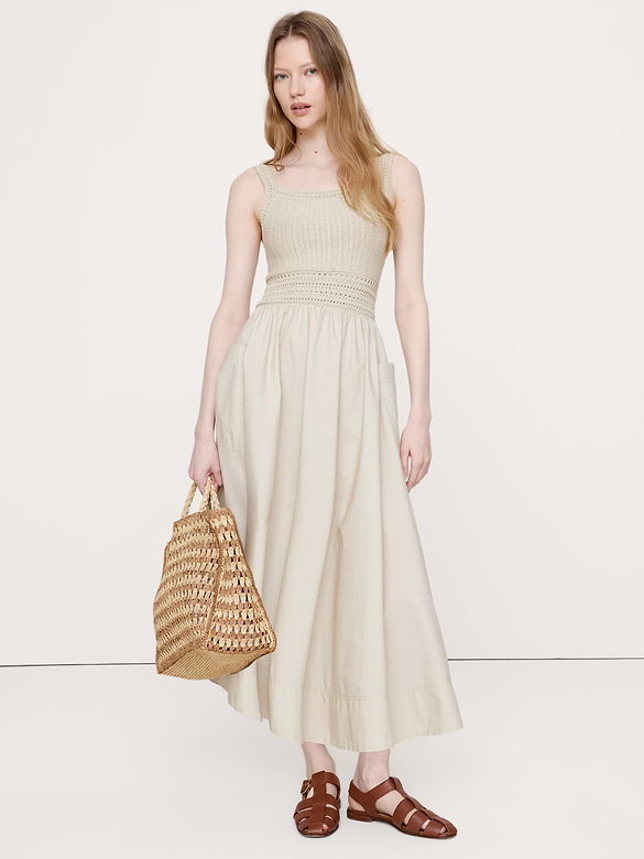 Crochet & Cotton Poplin Mixed-Media Midi Dress