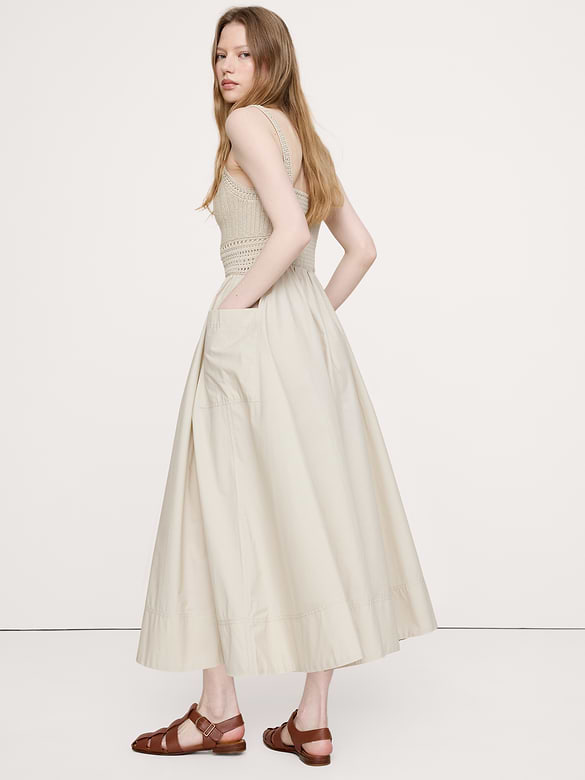 Crochet & Cotton Poplin Mixed-Media Midi Dress