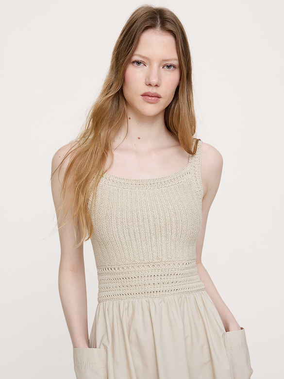 Crochet & Cotton Poplin Mixed-Media Midi Dress