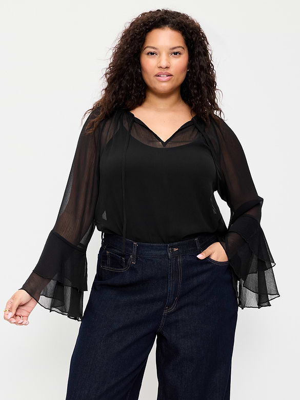 Sheer Chiffon Bell-Sleeve Top