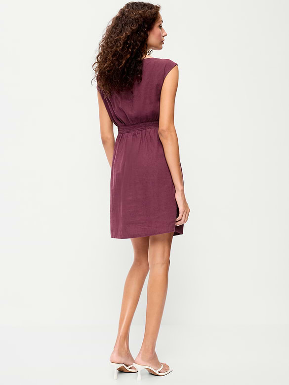 Asymmetrical Shoulder Linen-Blend Mini Dress