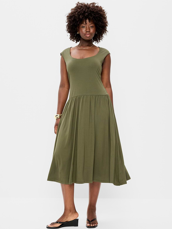 Jersey Knit Drop-Waist Midi Dress