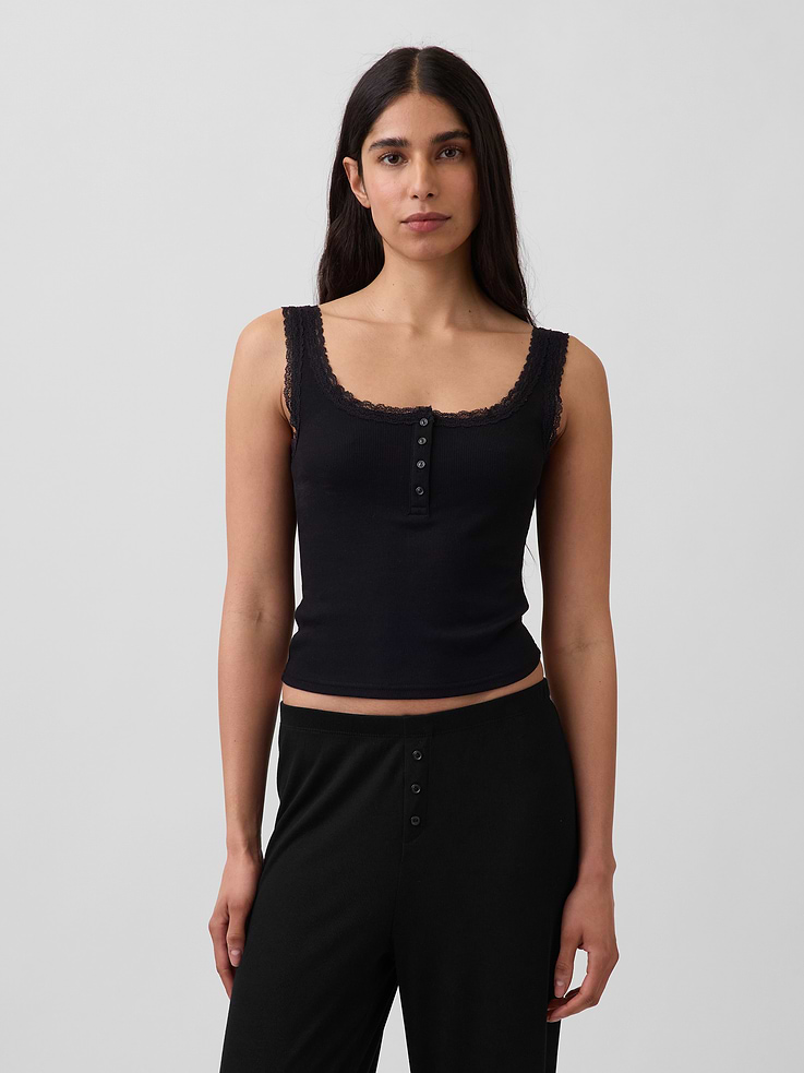 Image number 1 showing, Mini Rib Lace Henley PJ Tank Top