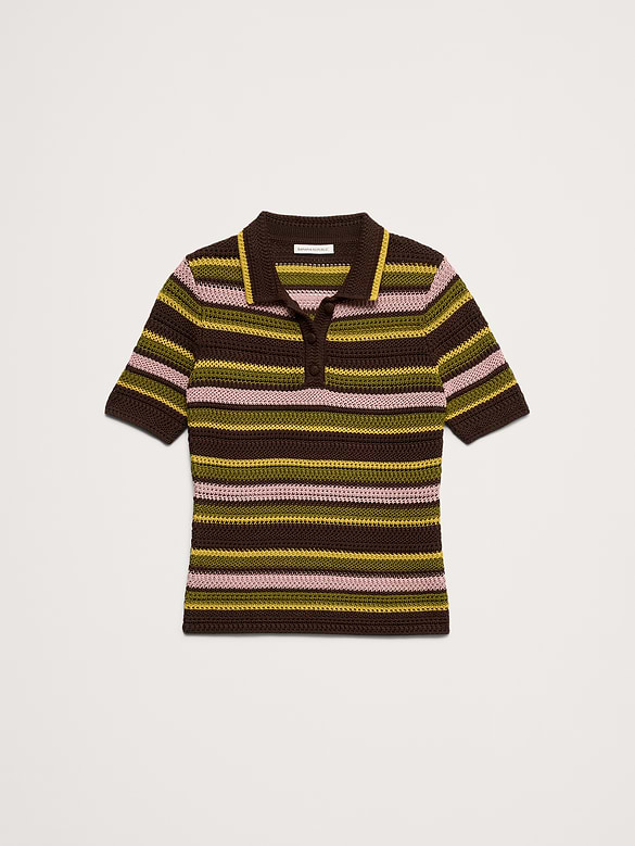 Crochet Stripe Cotton Sweater Polo