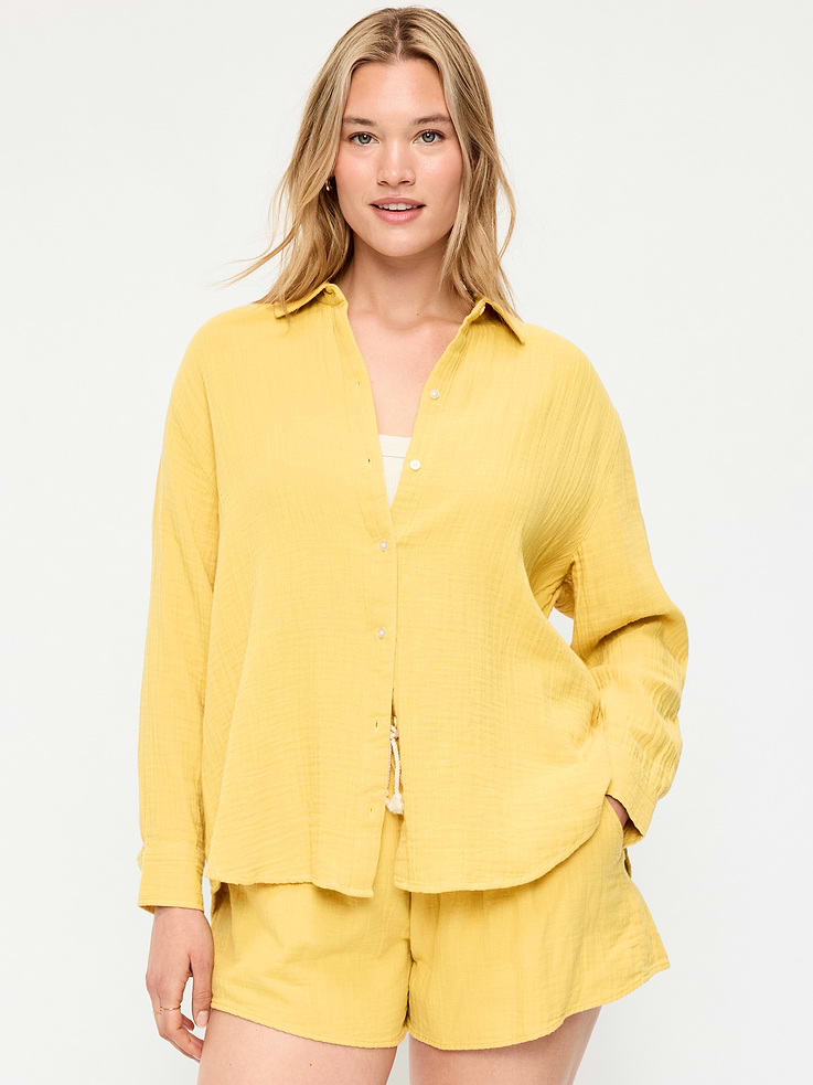 Image number 4 showing, Open-Back Crinkle Gauze Button-Down Shirt