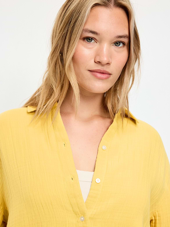 Open-Back Crinkle Gauze Button-Down Shirt