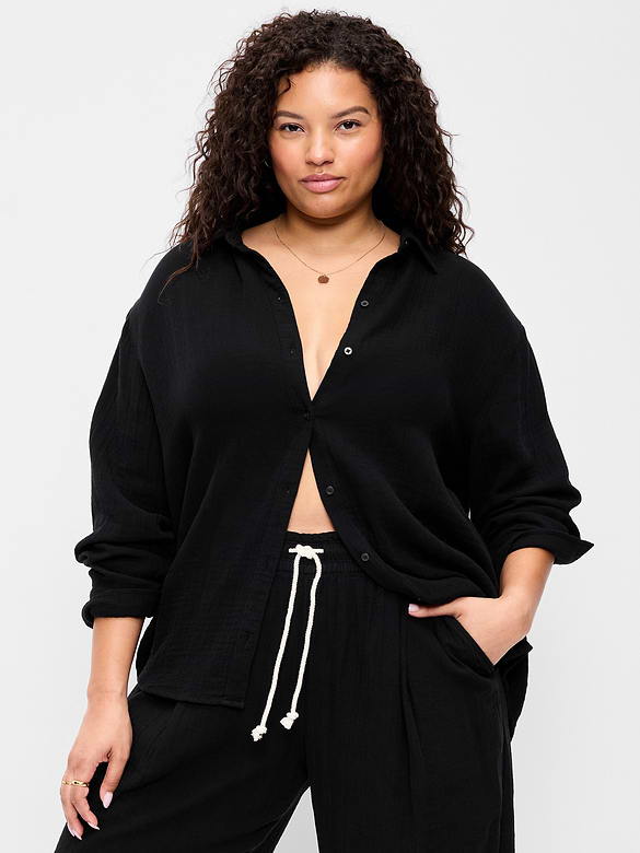 Open-Back Crinkle Gauze Button-Down Shirt