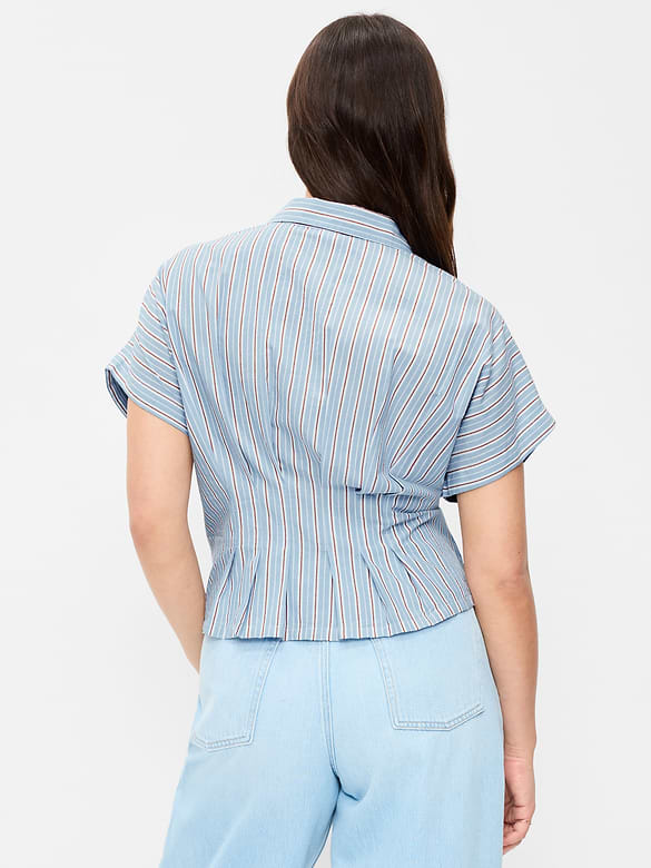 Slim Short-Sleeve Cinched-Waist Button-Down Shirt