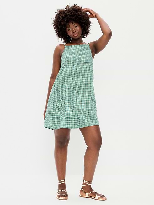 dark green dress old navy Women's Linen-Blend Apron-Neck Mini Shift - one shoulder homecoming dresses