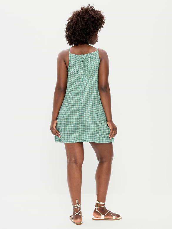 Linen-Blend Apron-Neck Mini Shift Dress