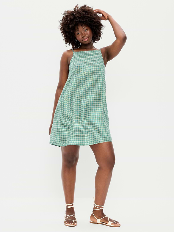Linen-Blend Apron-Neck Mini Shift Dress